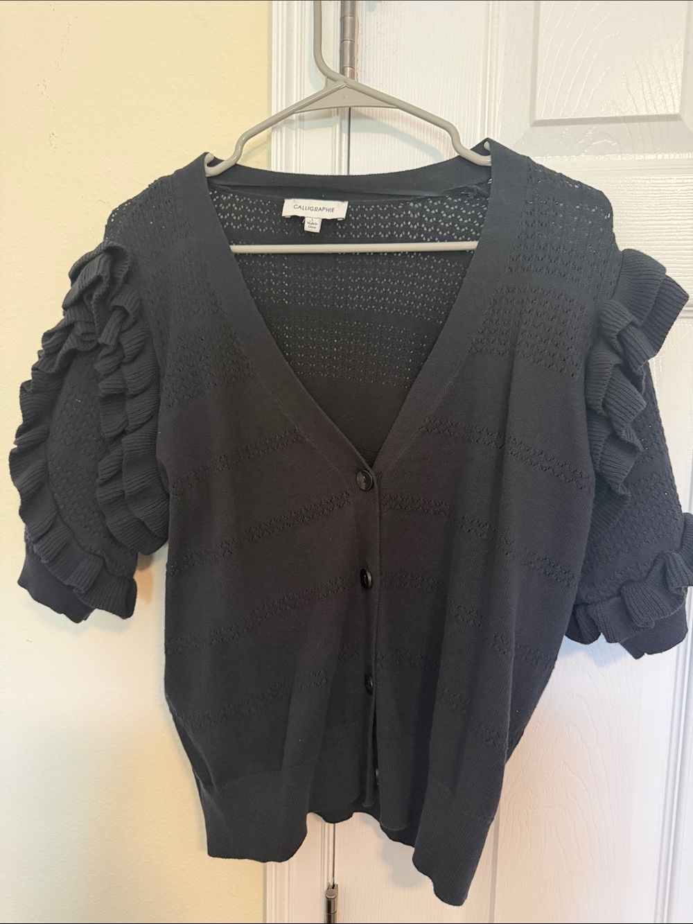 Calliope Ruffled Short-Sleeve Button-Front Cardigan - Black